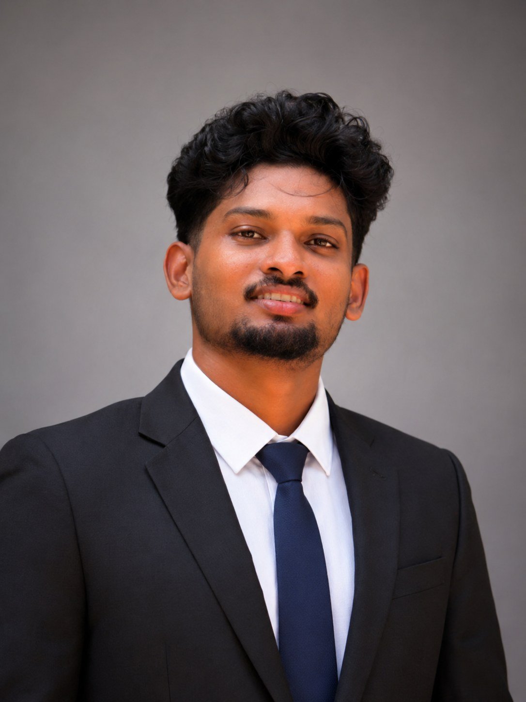 Akshay P, freelance digital marketer in Calicut, Kerala, smiling in a black suit and navy tie